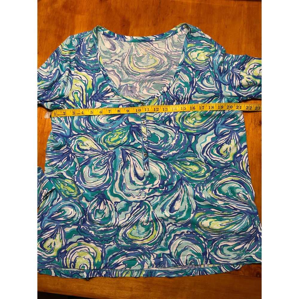 Lilly Pulitzer XL Blue Green Oyster Bay Pima Cotton Henley Top Palm Beach Chic - Picture 5 of 9